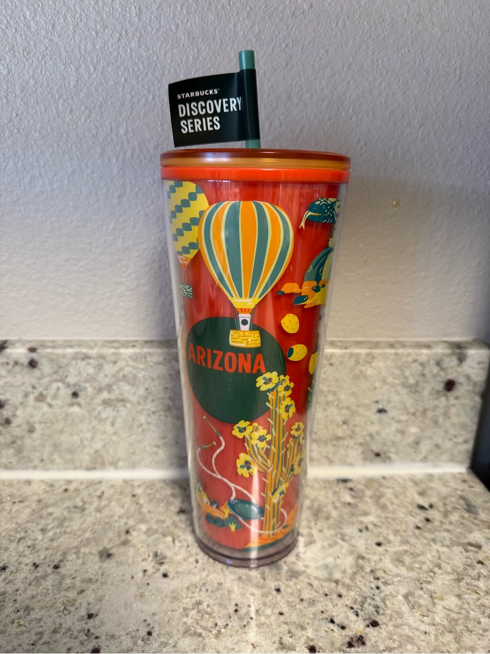 Starbucks Arizona Red Travel Tumbler with Yellow & Green Hot-Air Balloon